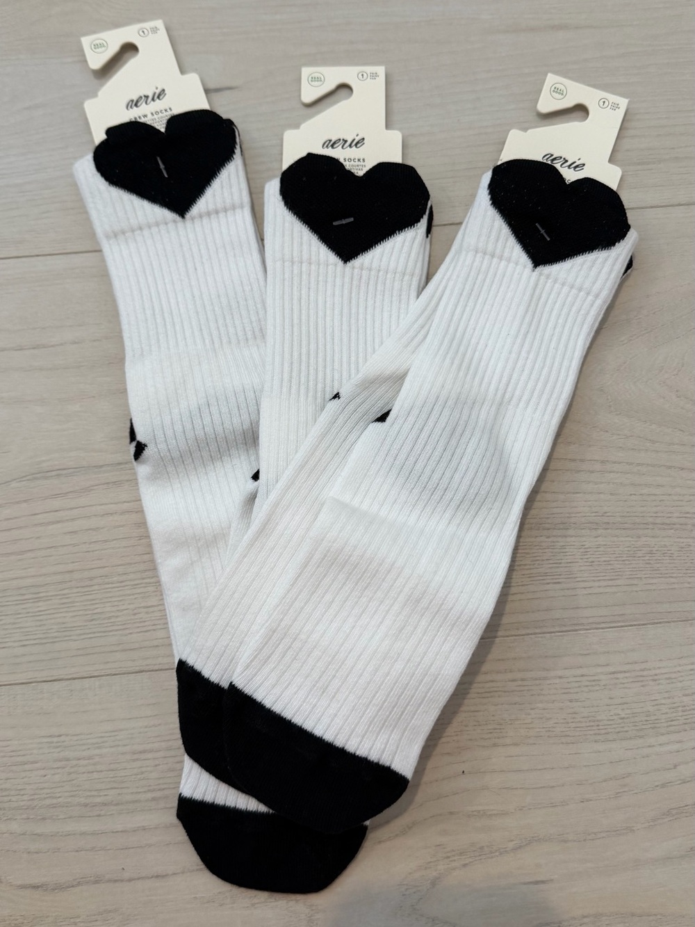 aerie 3 Pack White Ribbed Crew Socks with Black Heart Cuff